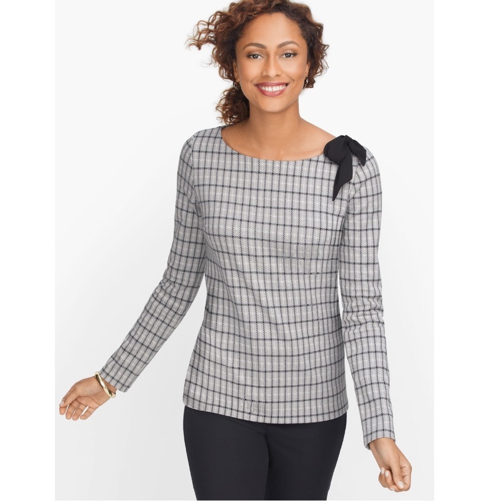 Talbots Jacquard Bow Detail Plaid Knit Pullover Blouse Preppy Holiday Grey Large